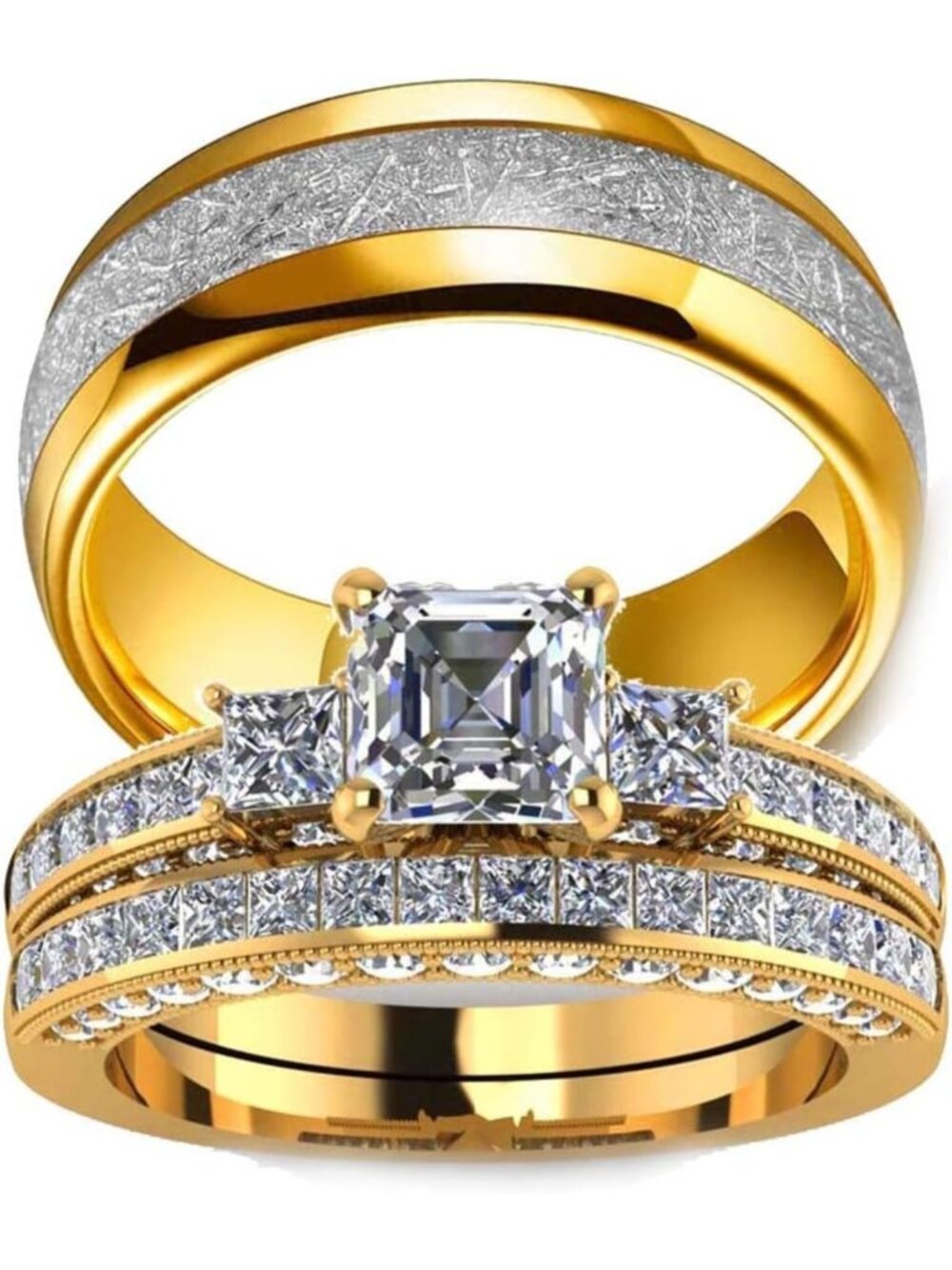 Couple's Bridal Ring Set - 10k Gold Filled & Stainless Steel, Square CZ Wedding